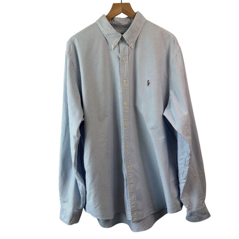Ralph Lauren Mens Shirt XXL Blue Striped Button Down Oxfor Cloth Flesh Pony